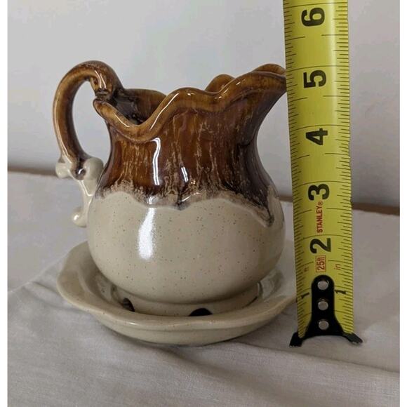 Brown Beige Glazed Pottery Small Planter Pitcher With Attached Saucer 5" x 5" - Picture 9 of 9